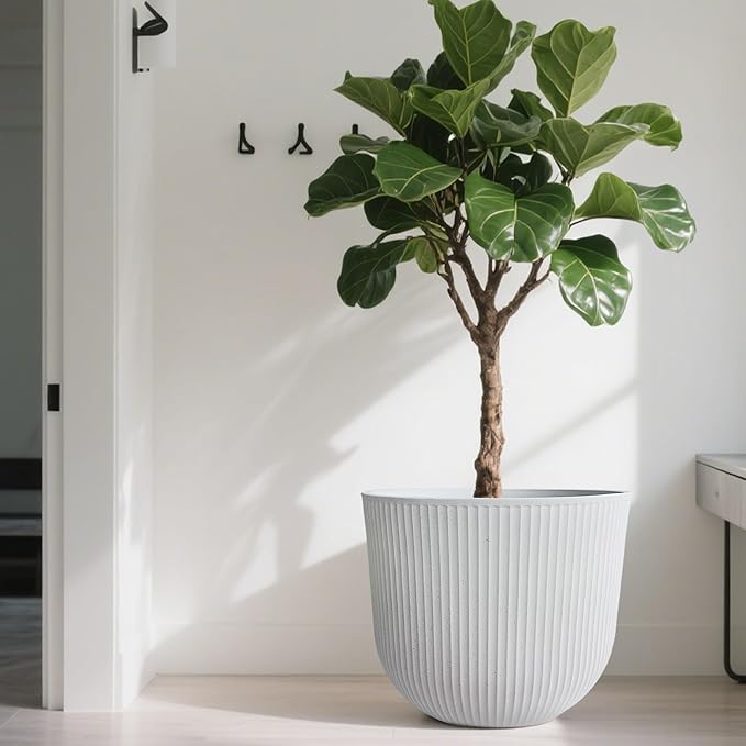 WORTH Garden Round Large Planter Pot 1-Pack - 17.5" Dia x 15.5" H - Durable Plastic White Plant Tree Pots with Vertical Stripe Textured Finish, Drainage Hole for Indoor, Outdoor, Front Porch, Patio WORTH