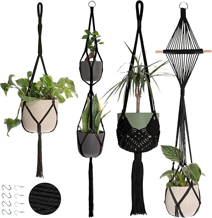 Nook Theory 4-Pack Macrame Plant Hangers with 8 Hooks - Hanging Planters for Indoor Plants, Boho Macrame Hangers Indoor Outdoor, Decorative Plant Hanger Indoor (Black) NookTheory