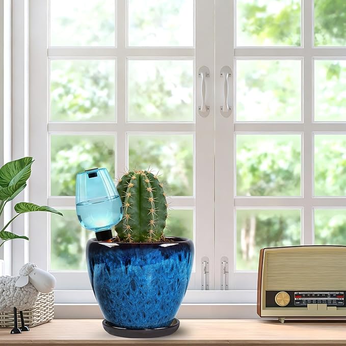 Ceramic Pots for Plant with Self Watering Globes, 8 inch Planters for Indoor Plants with Saucer, Glaze Flower Pots Outdoor with Drainage Holes, Decorative Garden Pots Xoogifae
