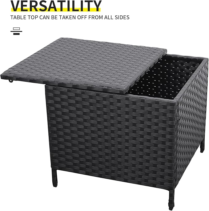 Outdoor Wicker Storage Side Table, Patio Black PE Rattan End Table with Storage, Square Container for Furniture Covers, Toys, and Gardening Tools Lvidenoutdoor