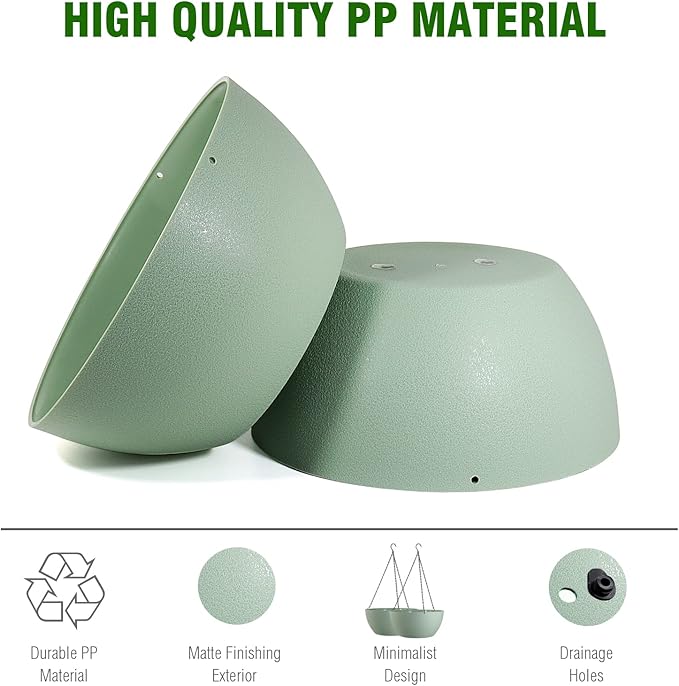 13 inch Large Hanging Planters Plant Pots for Outdoor Indoor Plants with Drainage Holes and Chain, 2 Pack Round Hanging Flower Pots for Garden Home Porch Decor, Green WSMKSZ