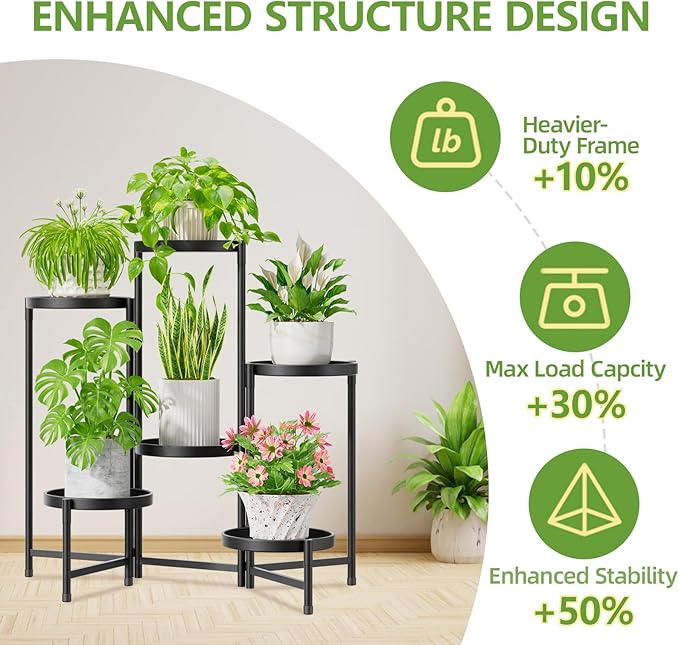 iDavosic.ly 6 Tier Large Plant Stand Indoor with 10 Inch Wide Tray, Tiered Corner Metal Outdoor Flower Display Holder Shelf, Folding Tall Rack for Patio Porch Living Room, Modern Black iDavosicly