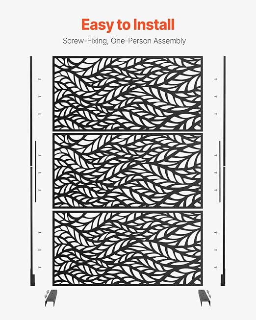 VEVOR Metal Privacy Screen, 47" W x 72" H, Outdoor Privacy Screens & Panels, Freestanding Outdoor Divider with Stand, 3-Panel Decorative Garden Steel Privacy Fence for Balcony Patio Indoor Room Black VEVOR