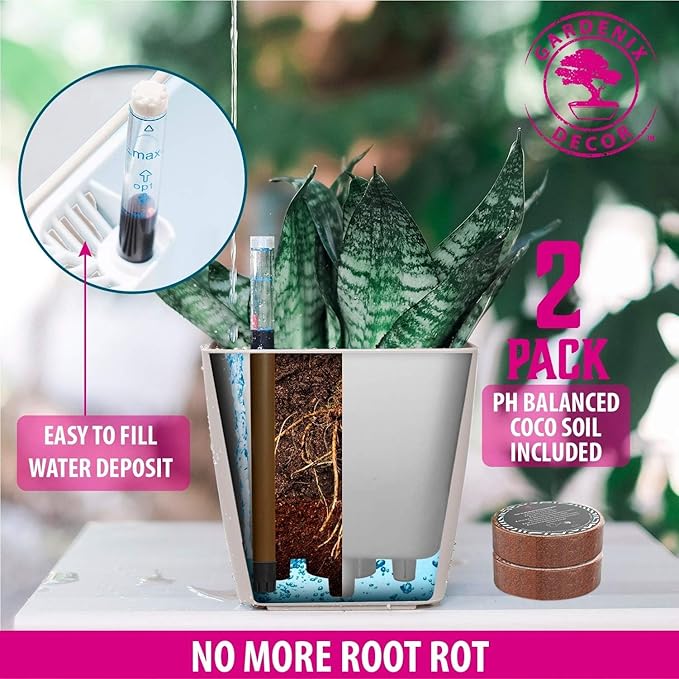 GARDENIX DECOR 5" Self Watering pots for Indoor Plants - Flower Pot with Water Level Indicator for Plants, Grow Tracking Tool - Self Watering Planter Plant Pot – 2 Pack White Rootora