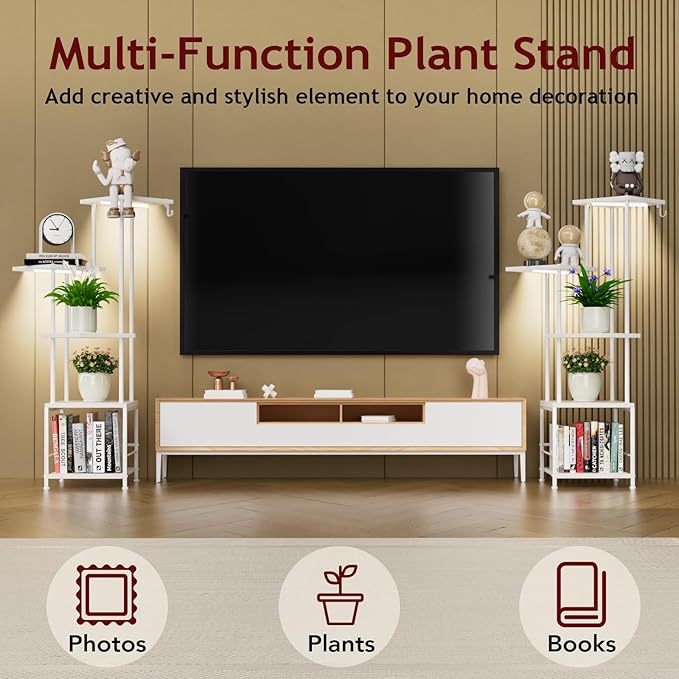 Plant Stand Indoor with Grow Light, 5-Tiered Tall Plant Stand Indoor, Metal Plant Shelf with Hanging Basket Hook and Adjustable Light, Ideal for Living Room, Garden, Patio white Homsorout