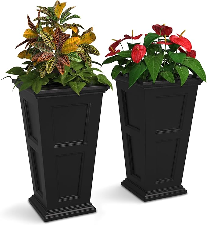 Mayne Fairfield 28-Inch Tall Planter, 2-Pack – Self-Watering, Weather-Resistant Planter for Flowers – Durable Outdoor Design for Patio, Porch, or Entryway Mayne
