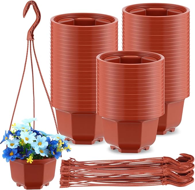 Roshtia 50 Pcs 5.1 inch Plastic Hanging Plant Pots with Hooks Flower Pots Baskets Outdoor Hanging Nursery Planter Holder for Home Garden Balcony Porch(Brown, 5.1 inch) Roshtia