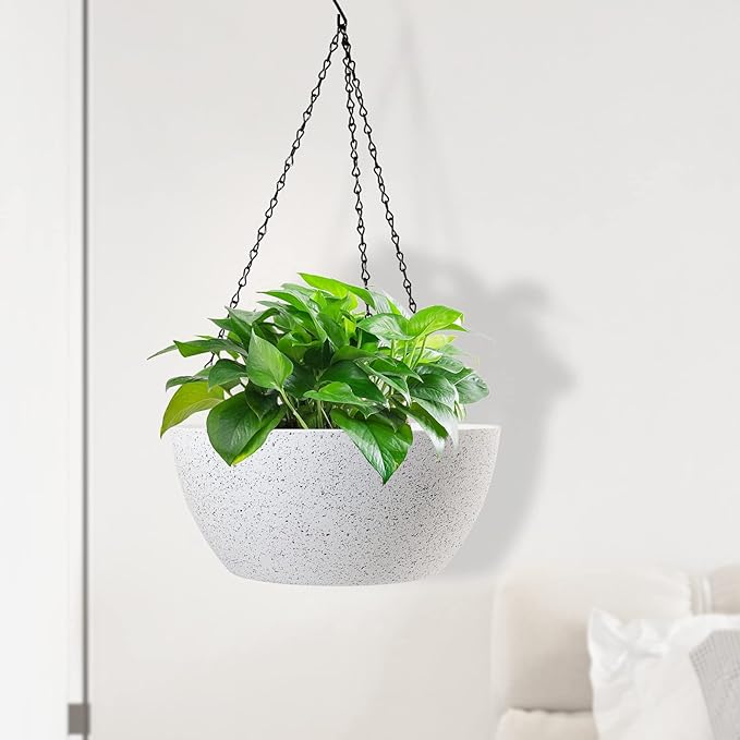 10 inch Hanging Planters for Outdoor Indoor Plants with Drainage Holes and Chain, 2 Pack Round Hanging Flower Plant Pots for Garden Home Porch Decor, Speckled White WSMKSZ
