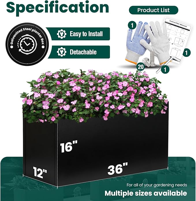 Black Planter Box Galvanized Steel Rectangular Metal Planter 36" L x 12" W x 16" H Indoor Large Outdoor Planters Steel Metallic Heavy Flower Pot Commercial Residential for Patio, Backyard, Garden GZGNEEVL