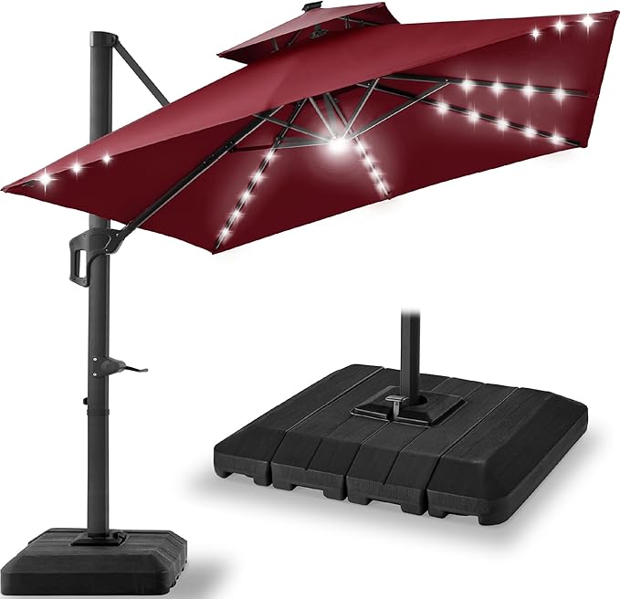 Best Choice Products 12x12ft LED Cantilever Patio Umbrella w/Base Included & 360° Rotation, Large Solar Offset Hanging Outdoor Sun Shade for Deck, Backyard Table w/Stand & Lights – Burgundy BestChoiceProducts