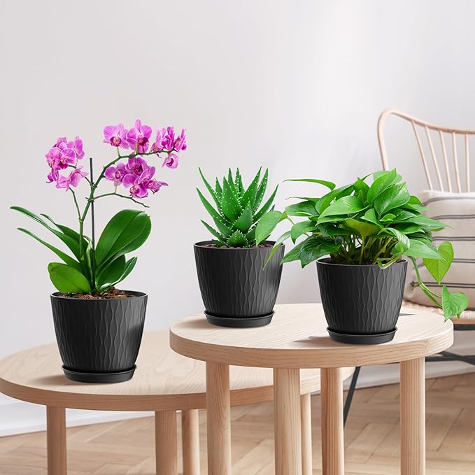 6 inch Plant Pots, 5 Pack Flower Pots with Drainage Holes and Saucers for Indoor Plants, Plastic Planters with Water Ripple for Small Garden House Plants, Nursery Pots for Succulent, Black WSMKSZ