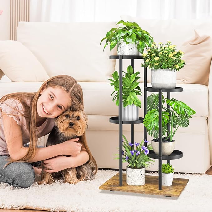 iDavosic.ly 4 Tier Plant Stand Indoor Outdoor, Tiered Corner Multiple Flower Pot Holder Shelf, Metal 30 Inch Tall Display Rack for Patio Porch Living Room Garden Balcony, Modern Black & Rustic Brown iDavosicly