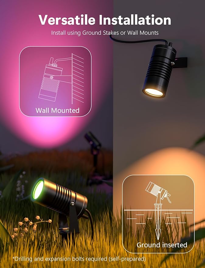 Smart Landscape Lights, APP Controlled RGBCW Color Changing Spot Lights, IP65 Waterproof 24V Low Voltage Outdoor Spotlights for Garden Yard Pathway Holiday Decor TakThree