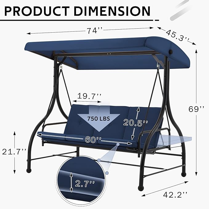 U-MAX Porch Swing Chair with Adjustable Backrest&Canopy, 3 Seat Patio Swing with Canopy 2-in-1 Convertible Outdoor Swing with Canopy Patio Daybed with Removable Blue Cushions for Adults U-MAX