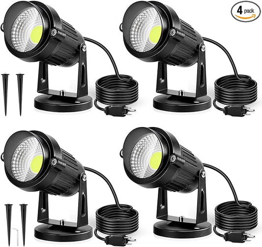 LemonBest Landscape Lights - 5W 110V Outdoor Spotlight - Waterproof IP65-3000K Cool White LED Landscape Lights - 5ft Cable for Yard Garden Patio Driveway House (Include Spike) (4 Pack) LemonBest