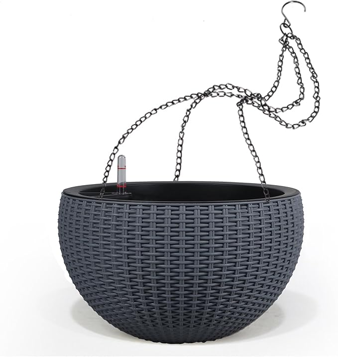Dexceder 9 Inch Self Watering Hanging Planters Indoor Outdoor, Thickened Hanging Basket Flower Plant Pot with Water Level Indicator (Gray) Dexceder