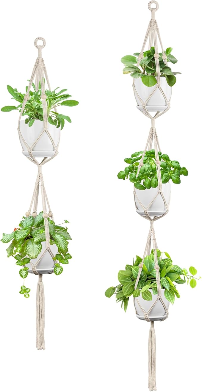 USLAI Macrame Plant Hanger Indoor Outdoor, Fits 4 to 8 Inch Pots, Strong Hanging Planter Holder, Boho Home Decor, 49+72 Inch, Ivory (POTS NOT Included) USLAI