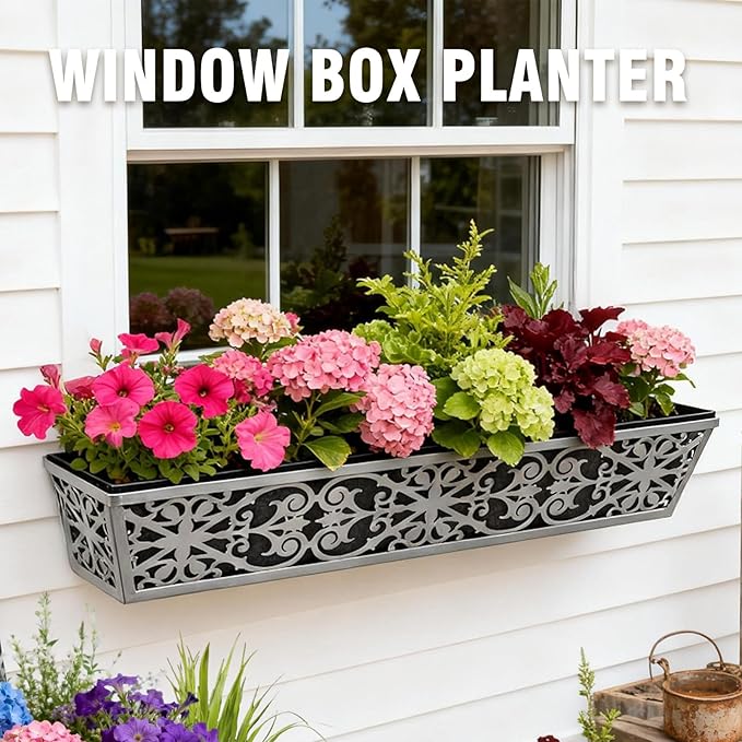 6 Pack 30 Inch Window Boxes Planter for Outdoor Plants Deck Railing Planters Box with Adjustable Brackets for Porch Fence Balcony Hanging Flower Baskets with Non-Woven Fabric Liner for Garden Décor KarlliuHOMEGARDEN