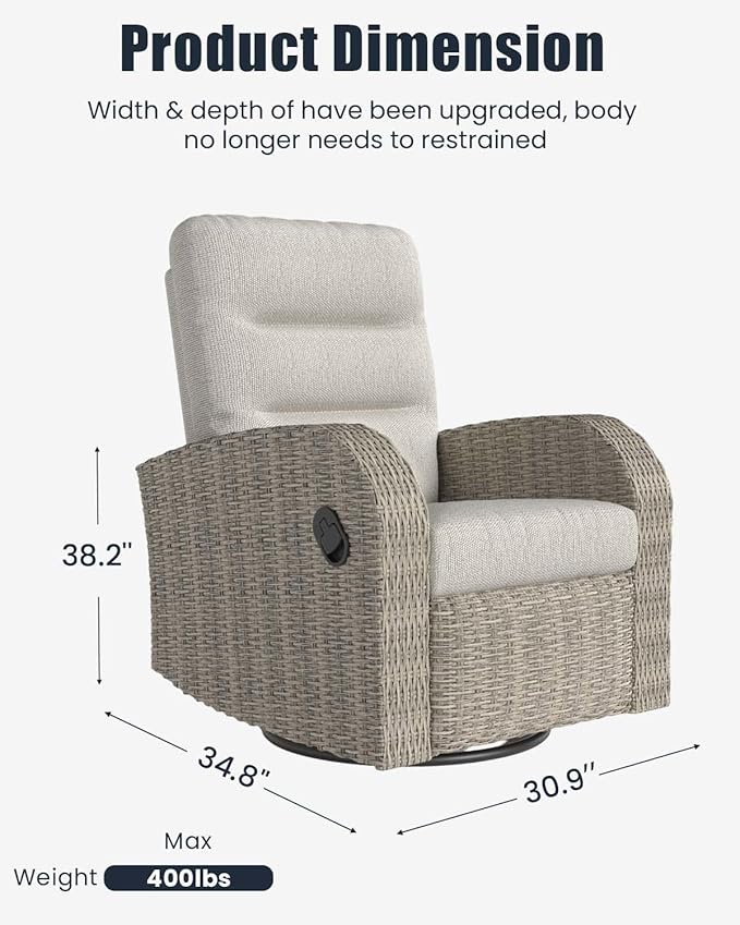 Outdoor Swivel Recliner Chair, All-Weather Wicker Reclining Patio Chair with Adjustable Backrest and Footrest Vakollia