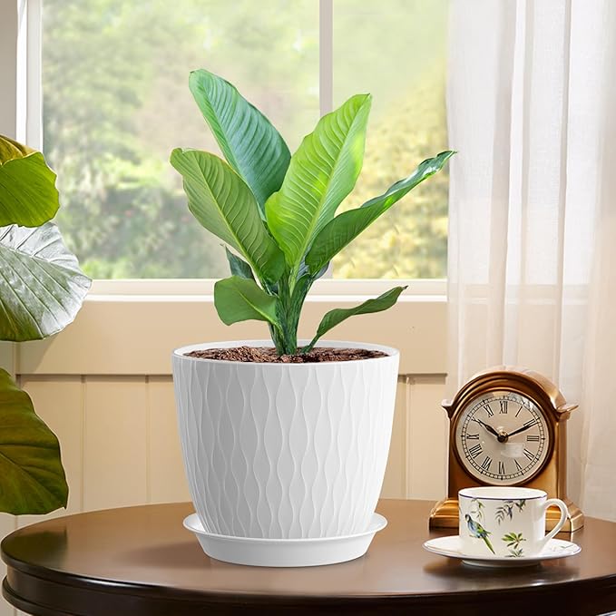 7 inch Plant Pots, 5 Pack Flower Pots with Drainage Holes and Saucers for Indoor Plants, Plastic Planters with Water Ripple for Small Garden House Plants, Nursery Pots for Succulent, White WSMKSZ