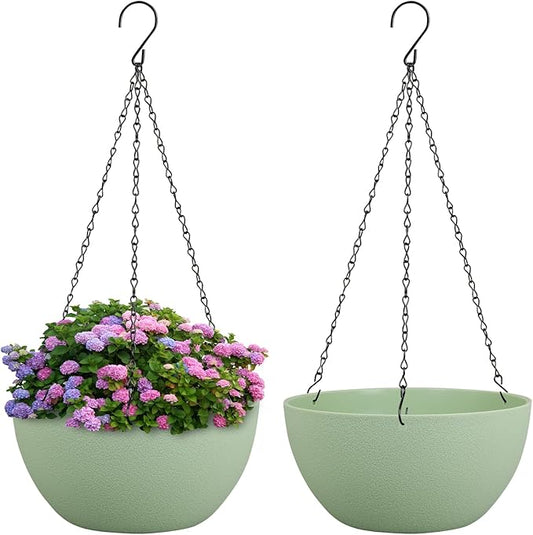 10 inch Hanging Planters Plant Pots for Indoor Outdoor Plants, 2 Pack Hanging Flower Pots with Drainage Holes and Chain for Garden Porch, Plastic Hanging Baskets for House Plants, Green Meowell