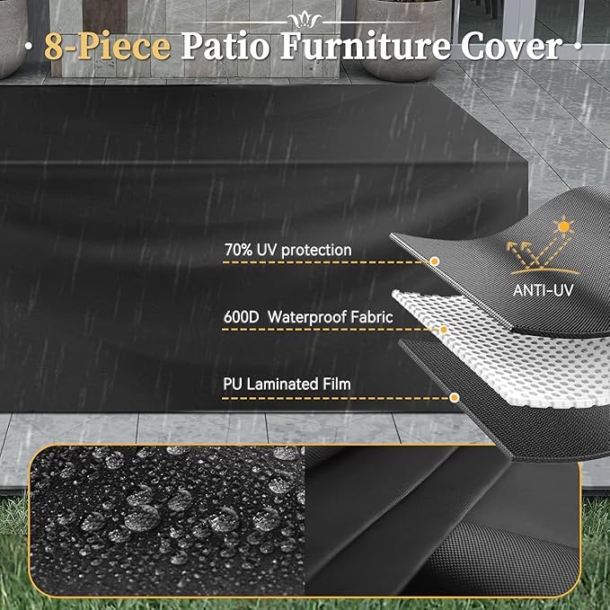 Aoxun 8-Piece Outdoor Patio Furniture Set - 44” Fire Pit Table, Durable Wicker Rattan Sectional Sofa with Coffee Table, Comfy Thickened Cushions, Blue (Waterproof Cover Included) Aoxun