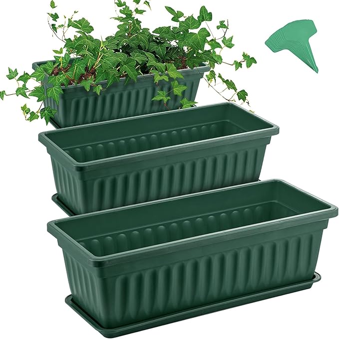 GROWNEER 3 Packs 17 Inches Green Flower Window Box Plastic Vegetable Planters Long Pots with 15 Pcs Plant Labels for Outdoor Indoor Windowsill Patio Garden Home Decor Porch GROWNEER