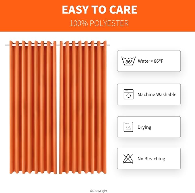 Outdoor Patio Curtain Waterproof Darkening Thermal Insulated Indoor Curtains for Bedroom, Porch, Living Room, Pergola, Cabana, W105 x L120 Extra Wide Room Divider, Orange, Set of 2 Panels DivaenCamino
