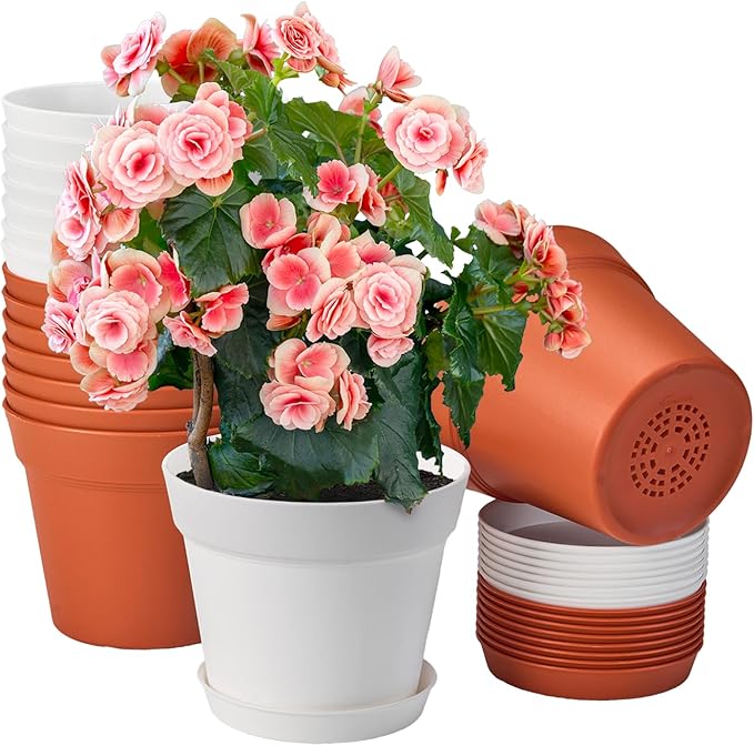homenote Plant Pots,6 Inch Flower Pots for Plants Plastic Planters for Indoor with Multiple Drainage Holes and Trays, for All Home Garden Flowers Succulents,Outdoor(White&Red,16 Pack) HOMENOTE