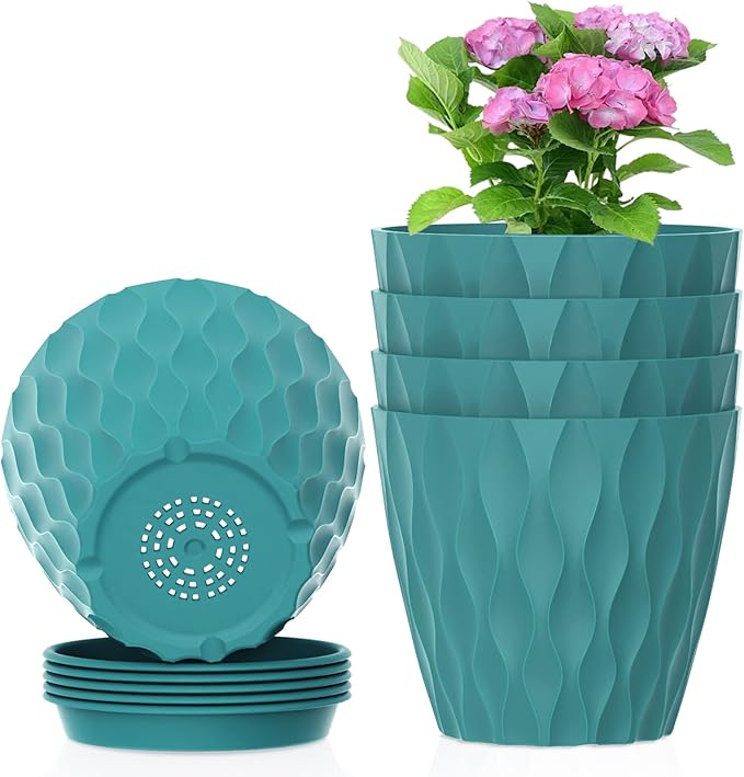 6 inch Flower Pots, 5 Pack Plant Pots for Indoor Plants, Water Ripples Plastic Planters with Drainage Holes and Saucers, Nursery Pots for Small Succulent Garden House Plants, Blue Green Meowell