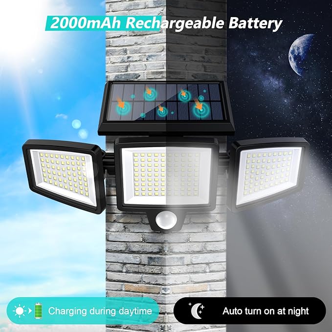 Tuffenough Solar Outdoor Lights 2500LM 210 LED Security Lights with Remote Control,3 Heads Motion Sensor Lights, IP65 Waterproof,270° Wide Angle Flood Wall Lights with 3 Modes(1 Packs) SolarOutdoorLights