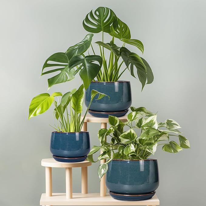 G EPGardening Ceramic Pot for Plants - Modern 7 Inch Round Planter with Drainage and Tray Indoor Outdoor for Flower, Porch Decor, Gardening Gifts, Retro Blue GEPGardening