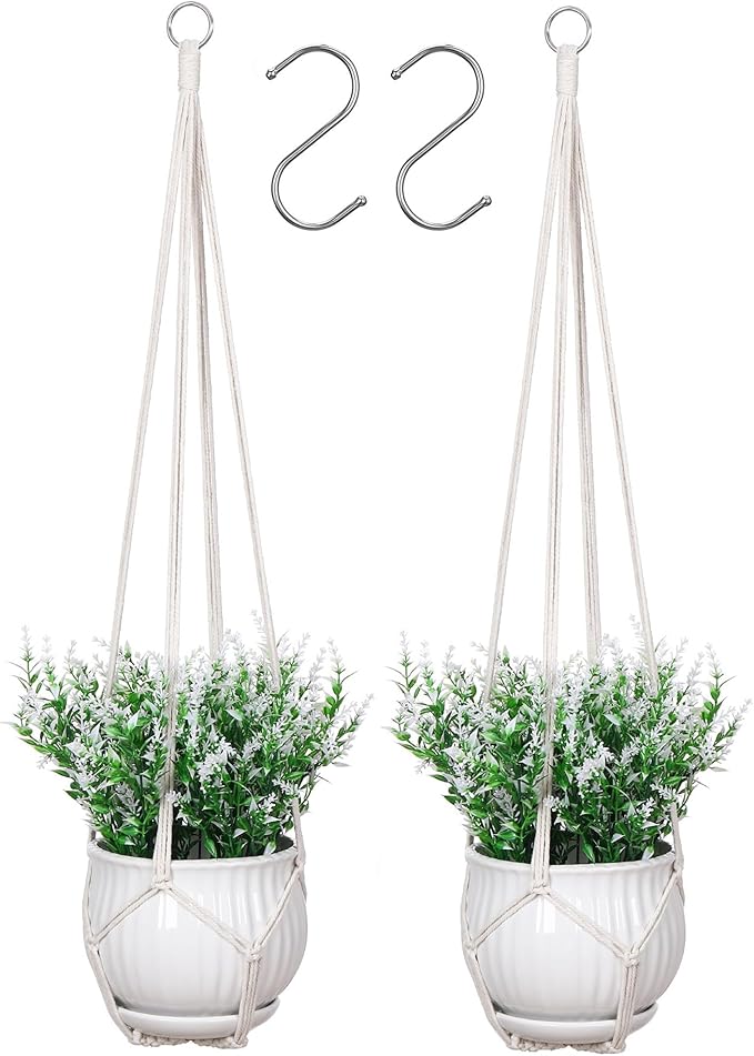YIBOT Macrame Plant Hanger Indoor Set of 2 with 2 S Hooks, Indoor Outdoor Hanging Planter for Plants Holder with Decorative No Tassels, Boho Home Decor, 35 Inch, Ivory (Pots Not Included) YIBOT