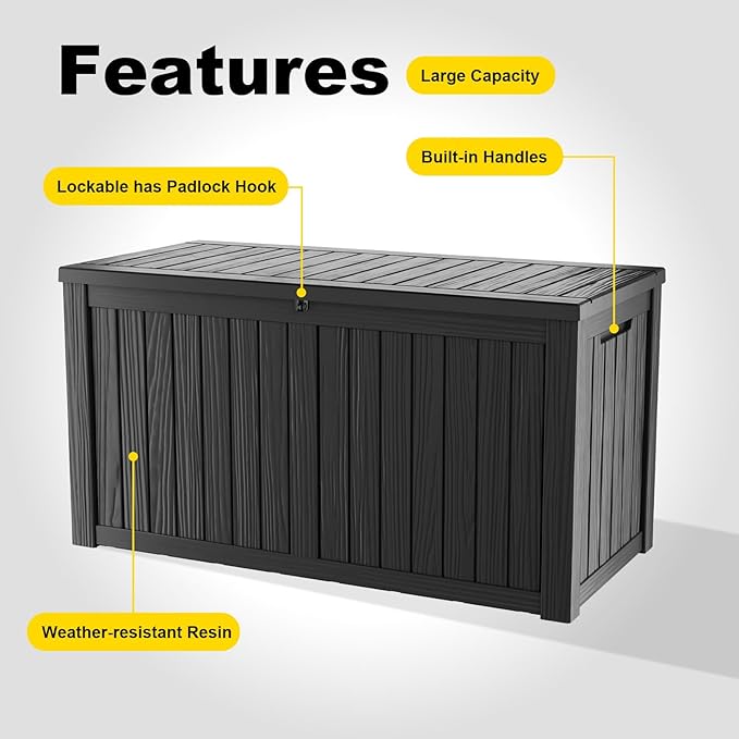 180 Gallon Resin Deck Box, Lockable Weatherproof Outdoor Storage Box for Furniture, Garden Tools and Tools Storage, Waterproof Outside Storage Boxes - Black OutdoorLivingPerfected