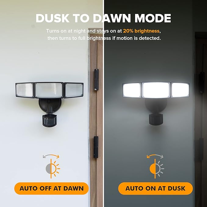 LUTEC 2 Pack 72W 7500LM LED Security Lights Motion Sensor Light Outdoor, 5000K Daylight, IP65 Waterproof, Dusk to Dawn, 3-Head Motion Detected Flood Light for Garage, Yard, Porch(Black) LUTEC