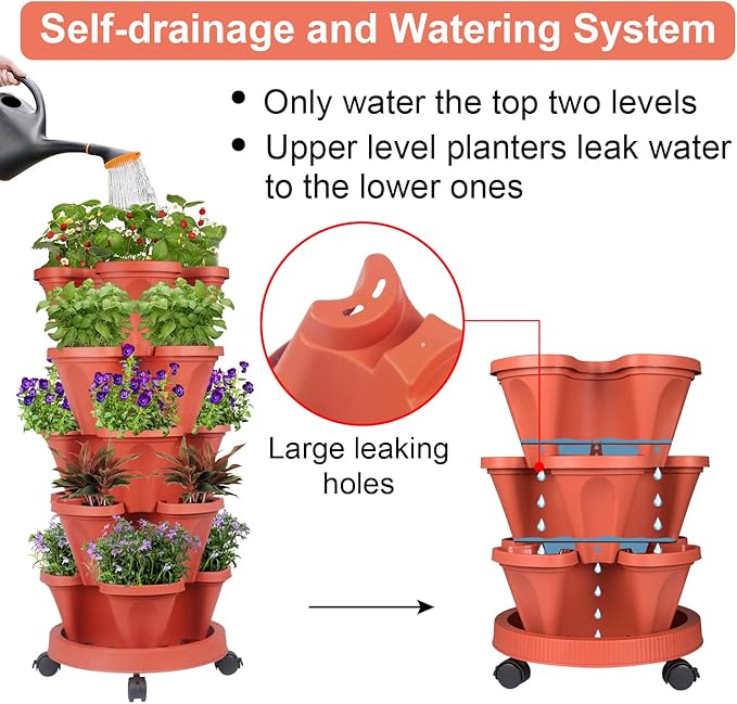GameXcel Vertical Planter 5 Tier Stackable Planters Garden Planters Strawberry Herb Flower and Vegetable Planter Indoor Outdoor Gardening Pots with Removable Wheels and Tools GameXcel