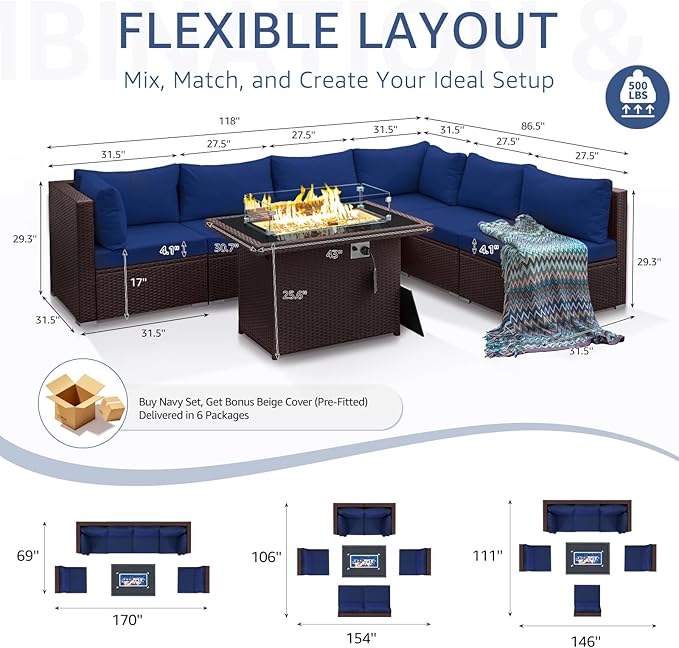 NICESOUL 7 Piece Large Size Patio Sectional Furniture Set with Firepit Propane/Natural Gas, 29.3'' High Back Outdoor Sofa Conversation Couch, Tall Wide Deep Sitting, Brown Rattan and Navy Cushion NICESOUL