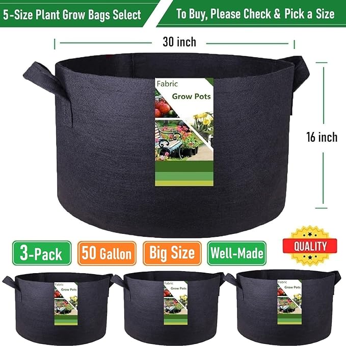 3-Pack 50 Gallon Thickened Plant Grow Bags Large (30x16 in) Heavy Duty Fabric Plant Pots Garden Bag for Potato,Tomato Planter,Herbs Veggies Planting,Flower Pots,Barrel Planter,Leaf Bag,Yard Waste Bags TespherCreationsforYardWorkLawnsCareandGardeningJobsOutdoorActivitiesRVCampingTrips