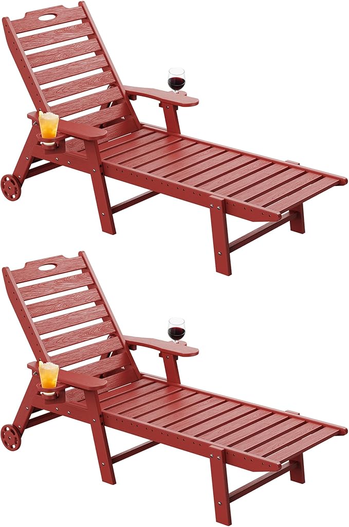 Carauci Lounge Chair Outdoor Set of 2, HDPE Chaise Lounge with Wheels, 5-Position Adjustable Backrest & 2 Cup Holders Patio Lounge Chair, All-Weather Pool Sun Lounger for Poolside, Backyard, Red Carauci
