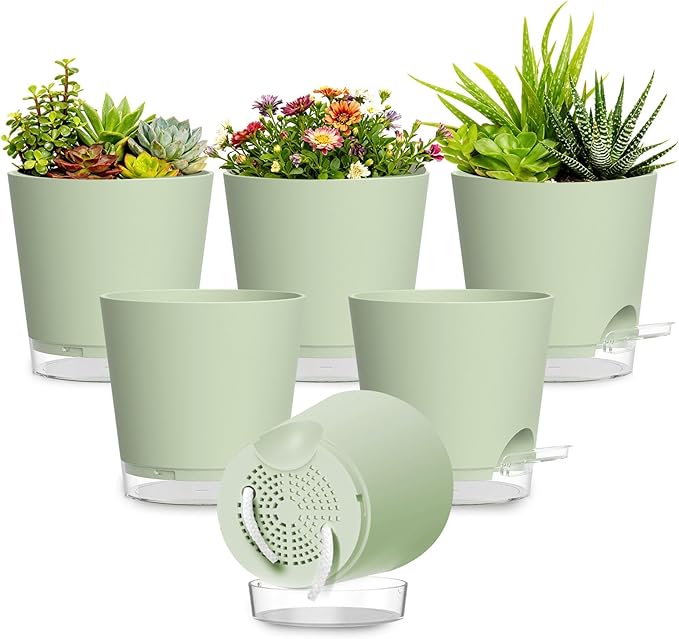 Plant Pots 4 Inch Self Watering Pots,6 Pack Plastic Planters with Drainage Holes and Clear Saucers,Plastic Flower Pots,Nursery Planting Pot for Indoor Out Door Plants (Green) SQKH