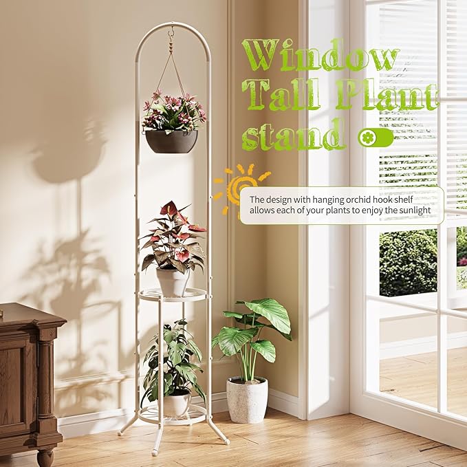 BMOSU Plant Stand with Hooks Indoor Outdoor Corner Tall Plant Stand Heavy-Duty Metal 3-Tier Plant Shelf Holder Rack for Patio Garden Balcony Living Room Bedroom(circular White) BMOSU