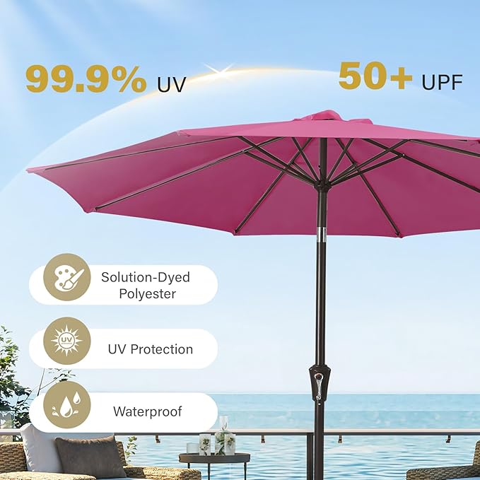MEWAY 9ft Patio Umbrella Outdoor Table Umbrellas with Push Button Tilt and Crank, Market Umbrella 8 Sturdy Ribs for Deck, Garden, Pool and Backyard, Pink MEWAY