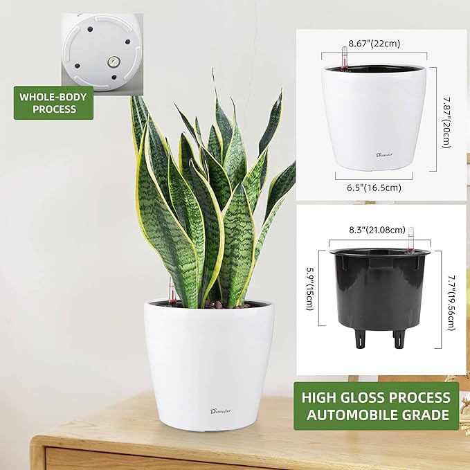 Dexceder 9x8 Inches High Gloss Self Watering Planter Indoor Outdoor, Inner Pot Design, Thickened Table Flower Plant Pot with Water Level Indicator (White) Dexceder
