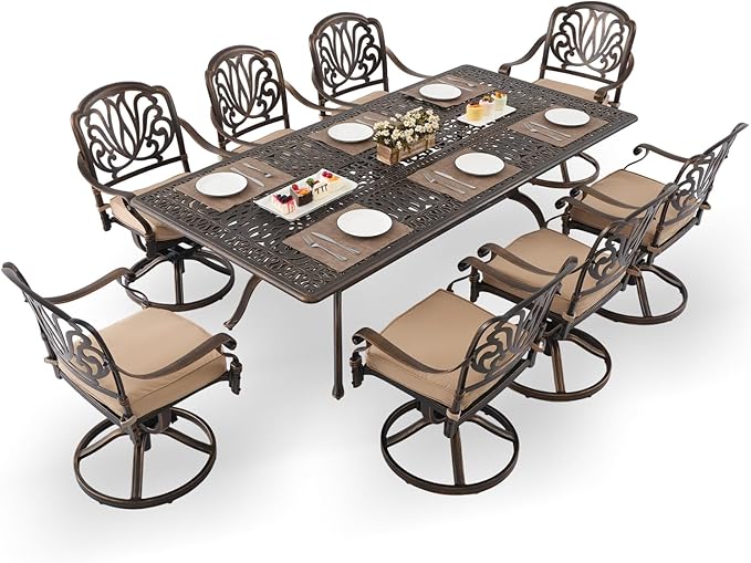 9-Piece Cast Aluminum Patio Furniture, Outdoor Dining Sets for 8 Include 87" Rectangular Patio Dining Table and 8 Swivel Chairs with Cushions & Umbrella Hole(Bronze) Rootora