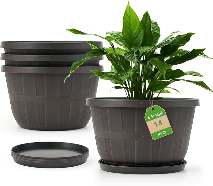 Quarut 14 Inch Plastic-Flower-Pot-for-Indoor-Plants, 4 Pack Large Outdoor Planter Pot with Drainage Holes & Saucers, Resin Decorative Garden Pots Planters（Brown） Quarut