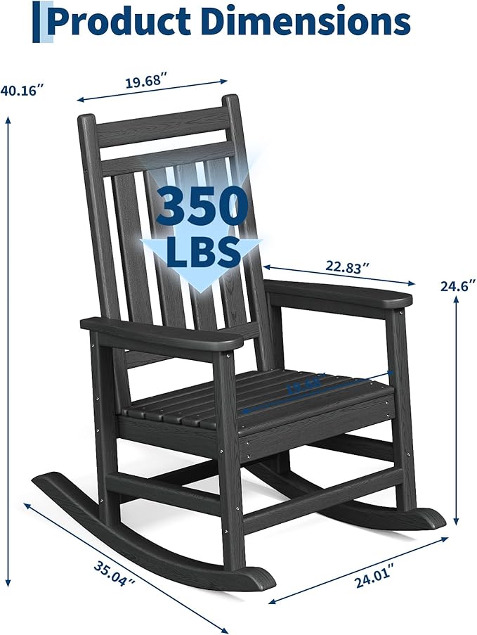 HDPE Rocking Chair Outdoor- Poly High Back Porch Rocker Chairs for Adults - All Weather Resistant Furniture for Patio Front Porch - Black Garvee