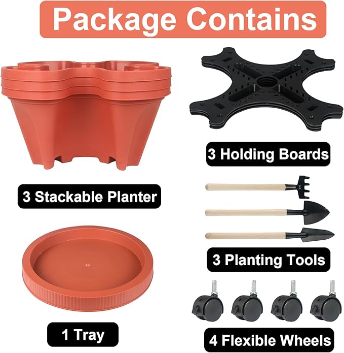 GameXcel Vertical Planter 3 Tier Stackable Planters Garden Planters Strawberry Herb Flower and Vegetable Planter Indoor Outdoor Gardening Pots with Removable Wheels and Tools GameXcel