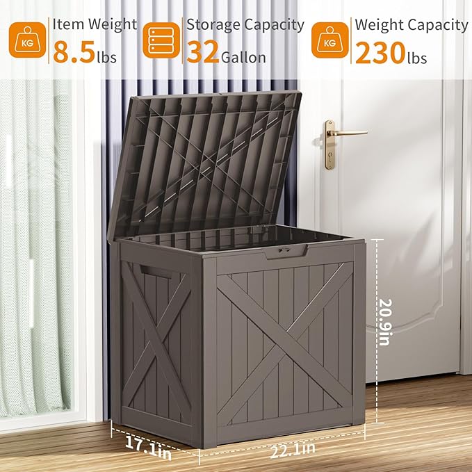 32 Gallon Outdoor Deck Box, Lockable Waterproof Outdoor Storage Boxes For Garden Tools,Indoor Cushions,Accessories Outside Storage Resin Weatherproof Container(Grey) MAIUSCOLI