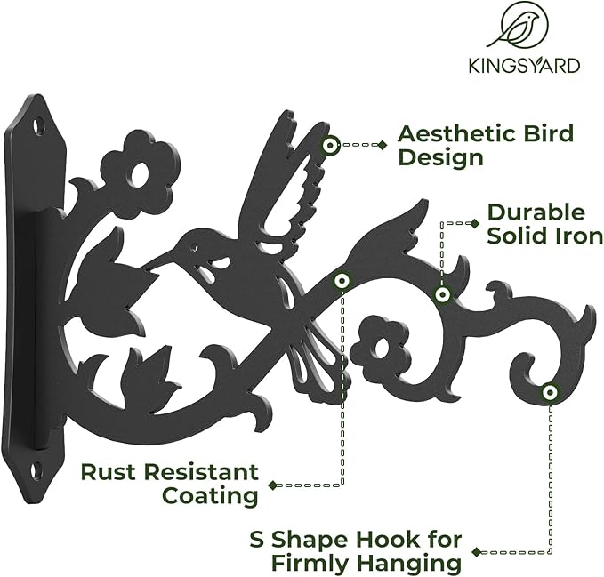 Kingsyard 2-Pack Wall Plant Hangers Outdoor Indoor, 8 Inch Heavy Duty Solid Metal Brackets with Bird Design, Anti Rust Plant Hooks for Plants, Bird Feeders, Lanterns, Wind Chimes, Hummingbird Design Kingsyard