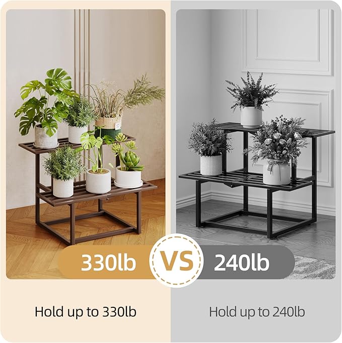 Metal Plant Stand, Foldable Heavy Duty Indoor, Window Iron Plant Shelf - Mid Century Modern Slatted Display for Patio, Garden, Living Room Load Bearing 330 lbs 26" L x 20.2" H x 17.7" W 2 Tier Coffee HomecourtyardsInterio
